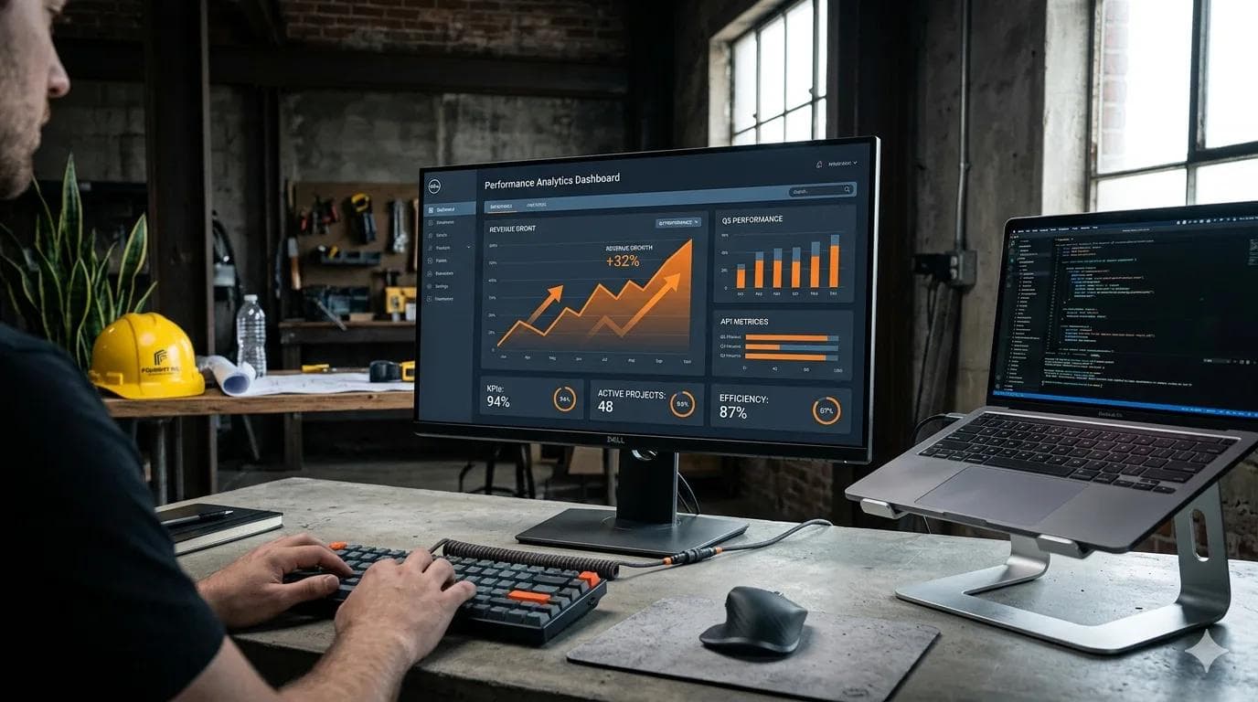 Web performance optimization dashboard showing Core Web Vitals metrics and speed improvements for construction SaaS