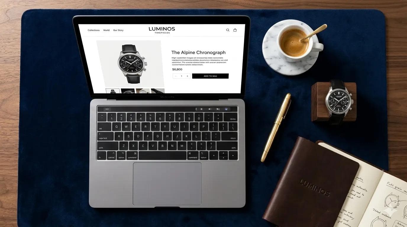 Luxury watch e-commerce website design on MacBook Pro showcasing headless Shopify Next.js product page with premium interface