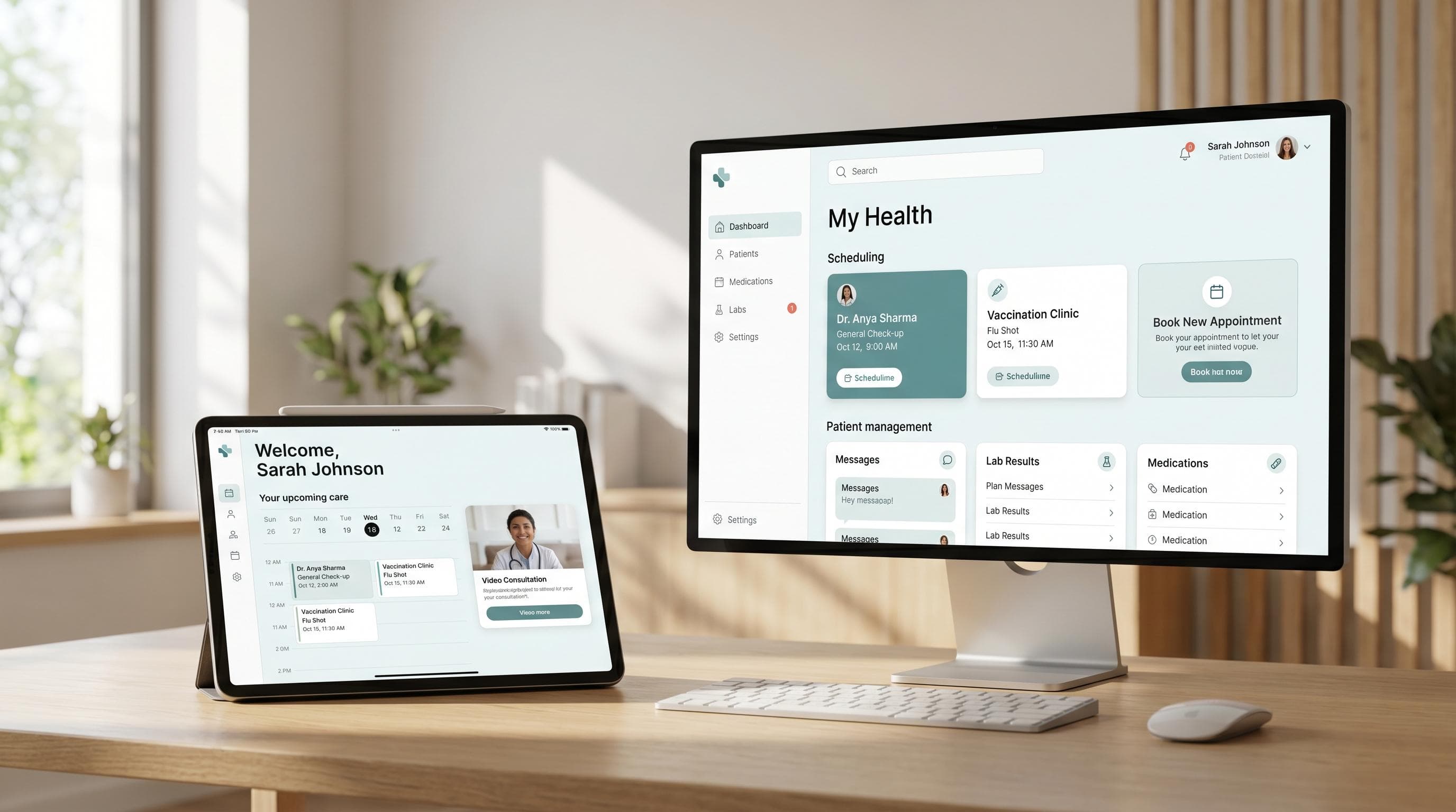 Accessible healthcare patient portal displayed on an iPad Pro and desktop monitor featuring appointment booking UI, clean white and teal medical interface design, and a modern clinical office environment.
