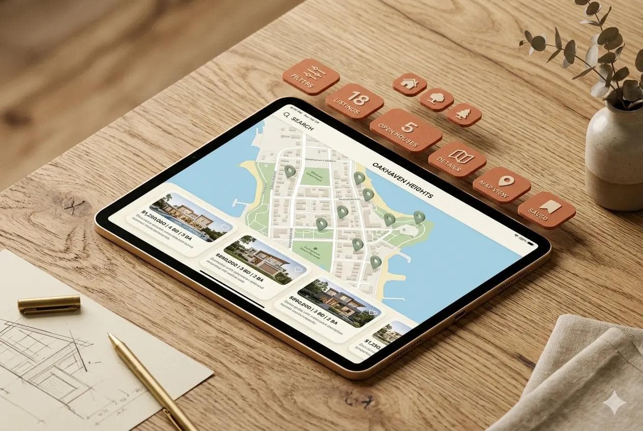 Isometric view of real estate marketplace iPad app showing property map interface with sage green location pins and listing cards