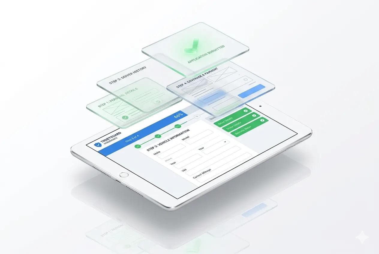 Isometric iPad mockup displaying multi-step insurance lead gen form with blue progress bar and green success states for conversion optimization