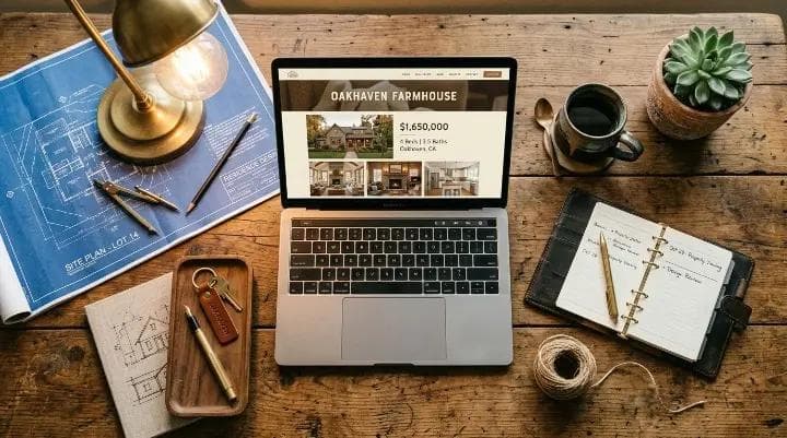 Real estate marketplace website design on MacBook showing property listing pages with SEO-optimized layout