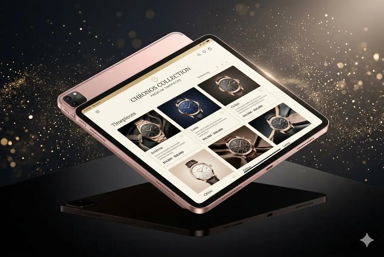 Isometric view of luxury e-commerce product gallery on iPad Pro displaying responsive watch catalog interface design