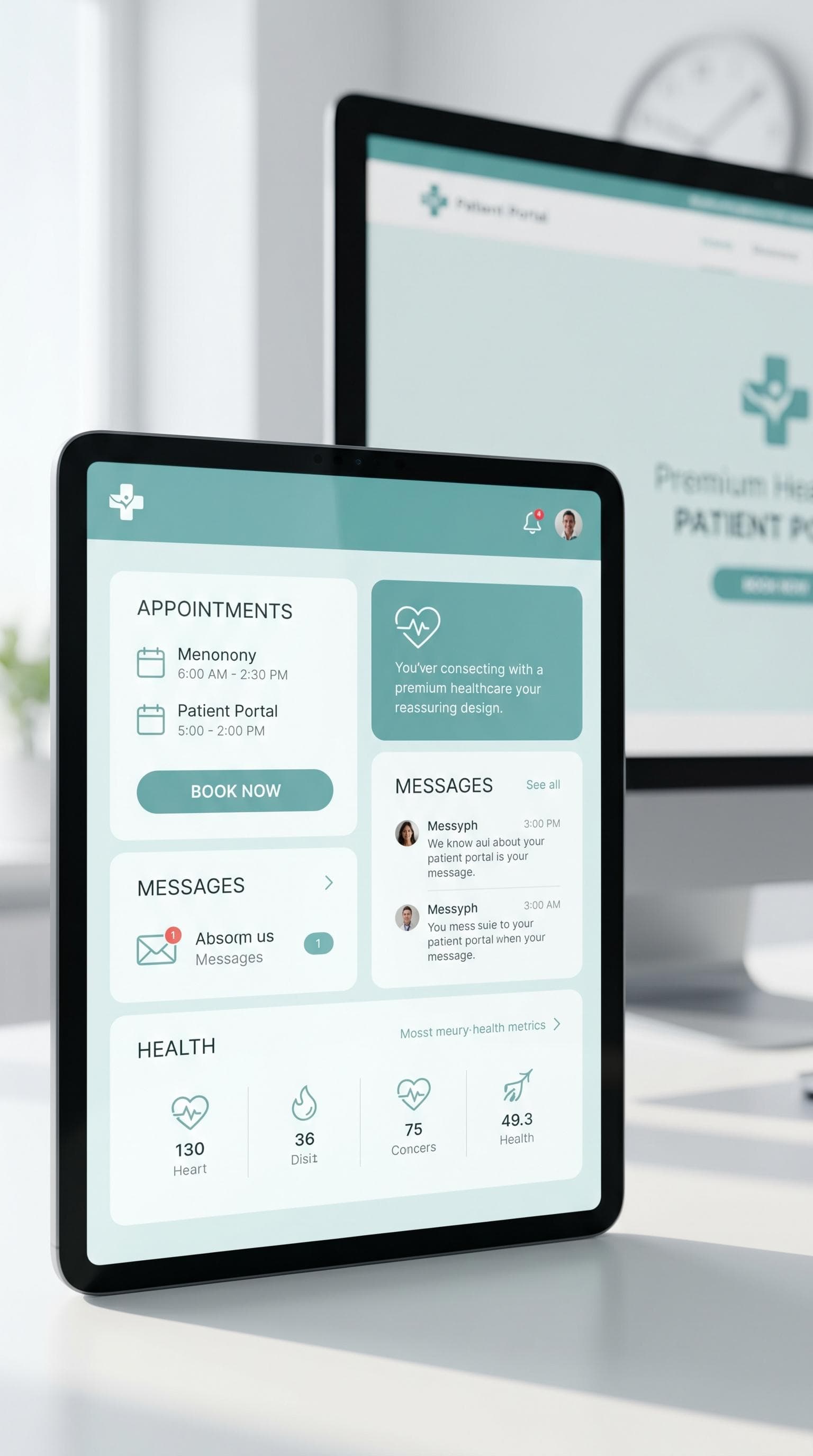 Modern healthcare patient portal UI displayed on an iPad Pro with appointment scheduling features, accessible medical dashboard design, teal and white interface styling, and a bright professional healthcare office background.