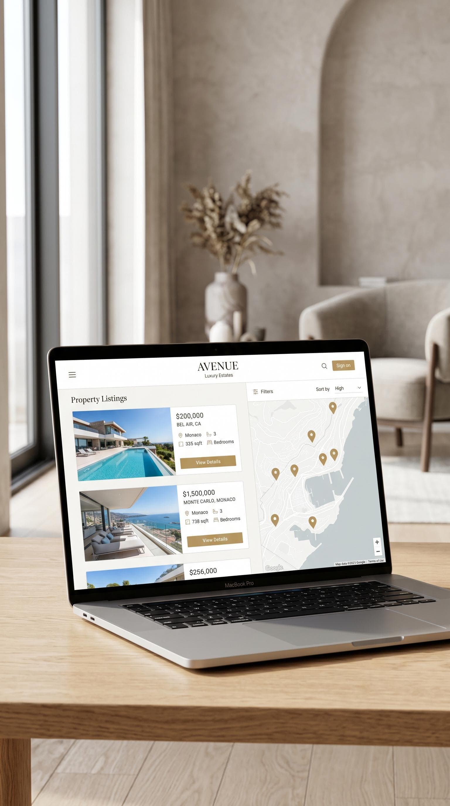 Premium luxury real estate web design shown on a MacBook Pro with interactive property listings, architectural photography, modern map interface, and sophisticated editorial UI styling with warm neutral tones and gold accents.