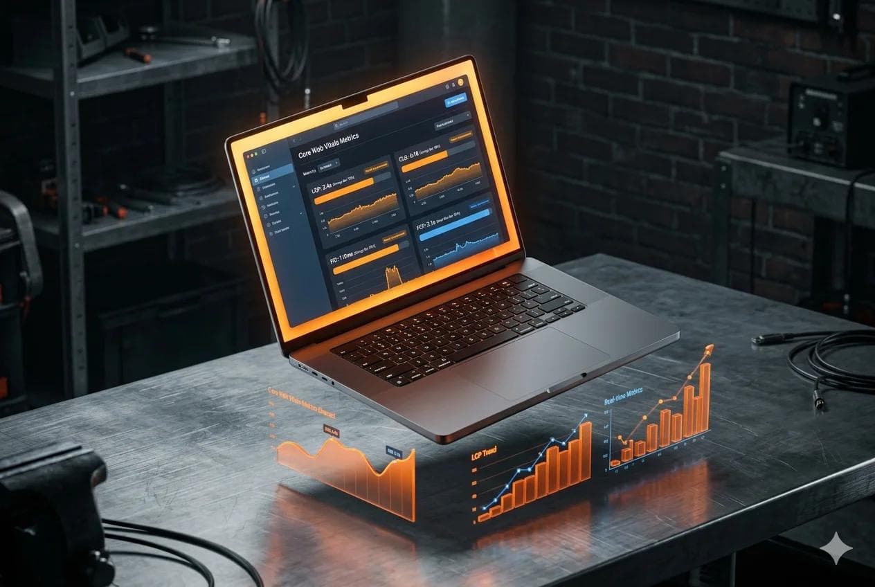 Core Web Vitals performance report on MacBook Pro showing speed optimization metrics and analytics