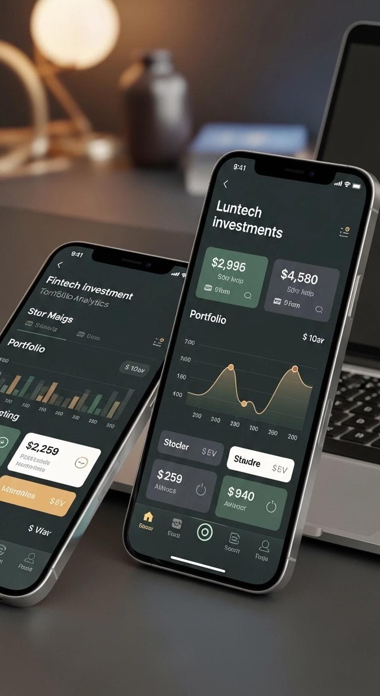 Luxury fintech investment mobile app shown on an iPhone 15 Pro with a matching MacBook Air dashboard, featuring portfolio analytics charts, modern wealth management UI, and elegant sage green and gold interface styling.