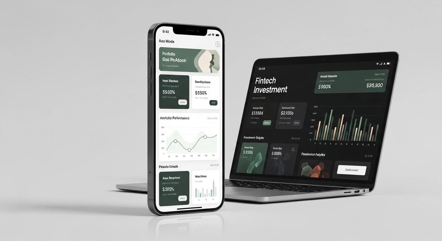 Premium fintech investment app displayed on an iPhone 15 Pro and MacBook Air featuring portfolio performance charts, luxury financial dashboard UI, sage green and gold accents, and modern wealth management interface design.