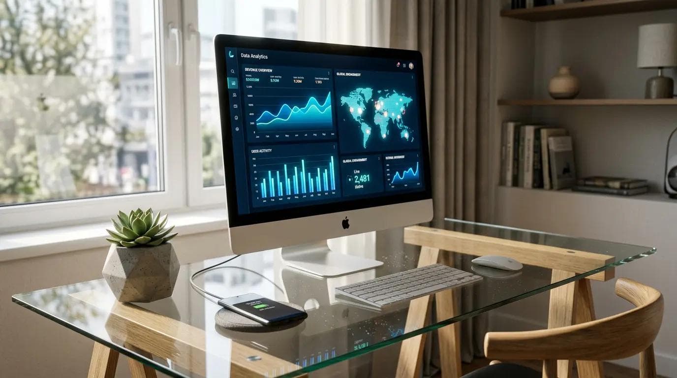Modern office workspace featuring B2B SaaS logistics dashboard on iMac with blue data visualizations, real-time route tracking, and analytics interface